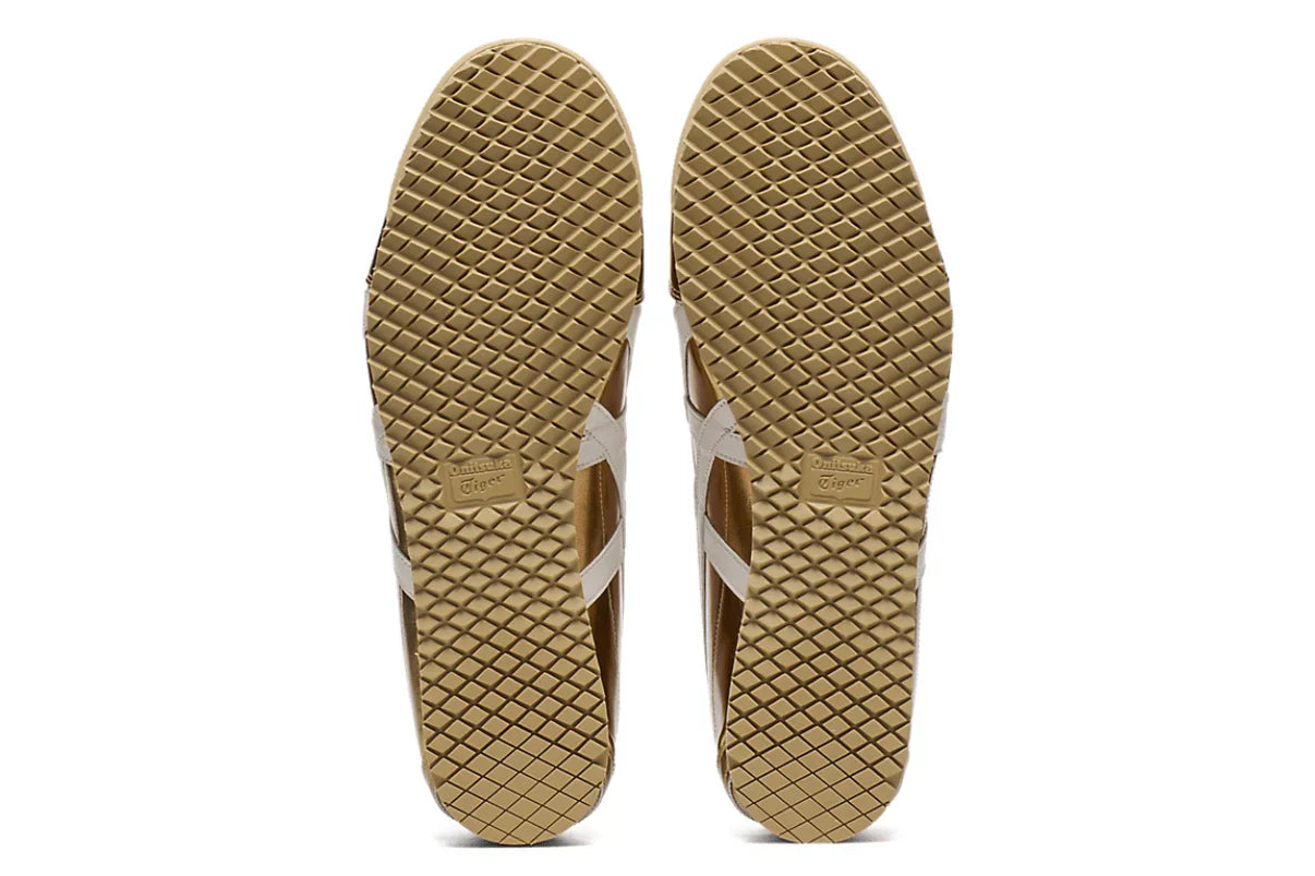 Tênis Onitsuka Tiger Mexico 66 SD Metallic Series Desert Camp Cream Dourado detalhe do solado