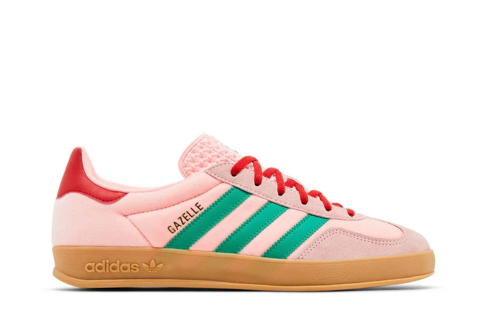 Tênis Adidas Gazelle Indoor Court Green Glow Pink Gum Rosa vista lateral