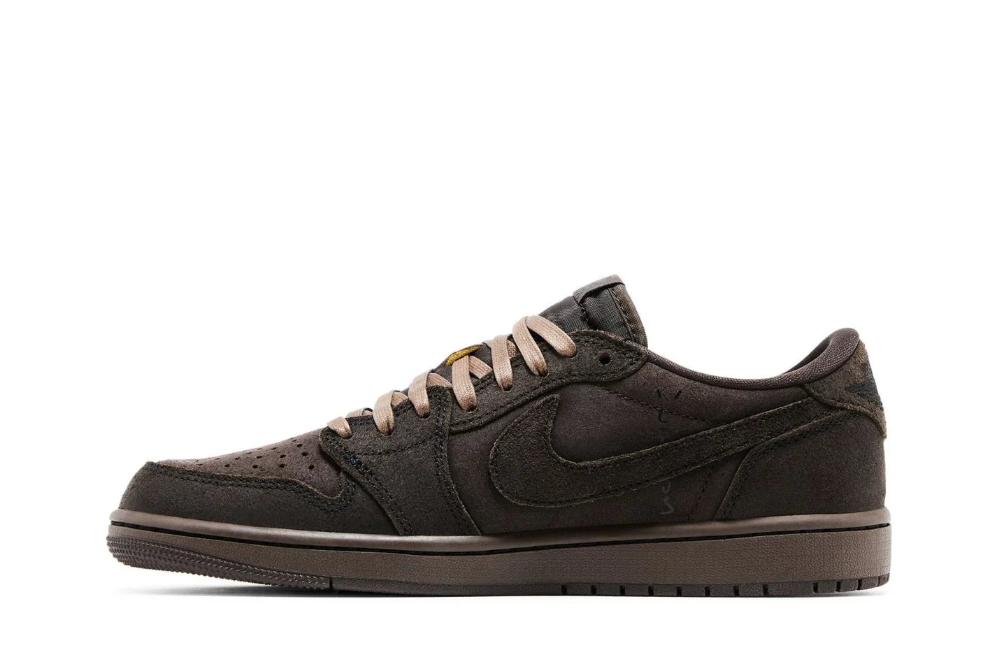 Tênis Air Jordan 1 Low Og Sp x Travis Scott Velvet Brown Marrom detalhe do material