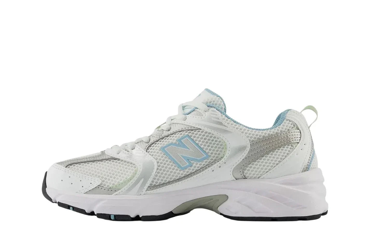 Tênis New Balance 530 White Chrome Blue Branco detalhe do material
