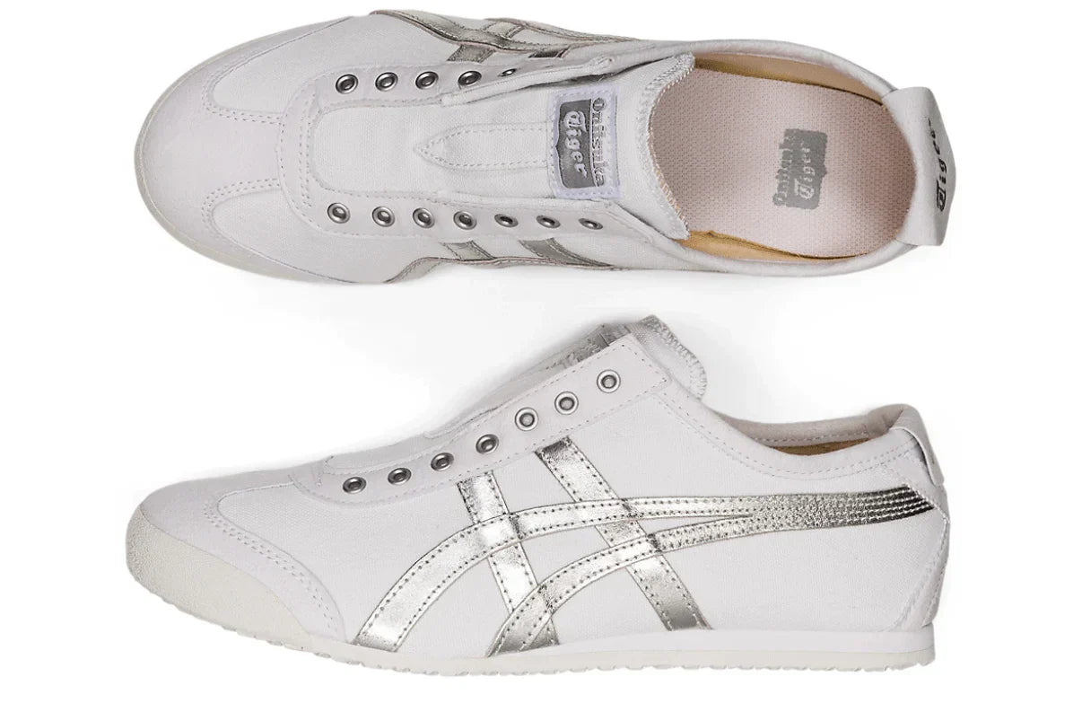 Tênis Onitsuka Tiger Mexico 66 Slip-On White Pure Silver Prateado detalhe do material