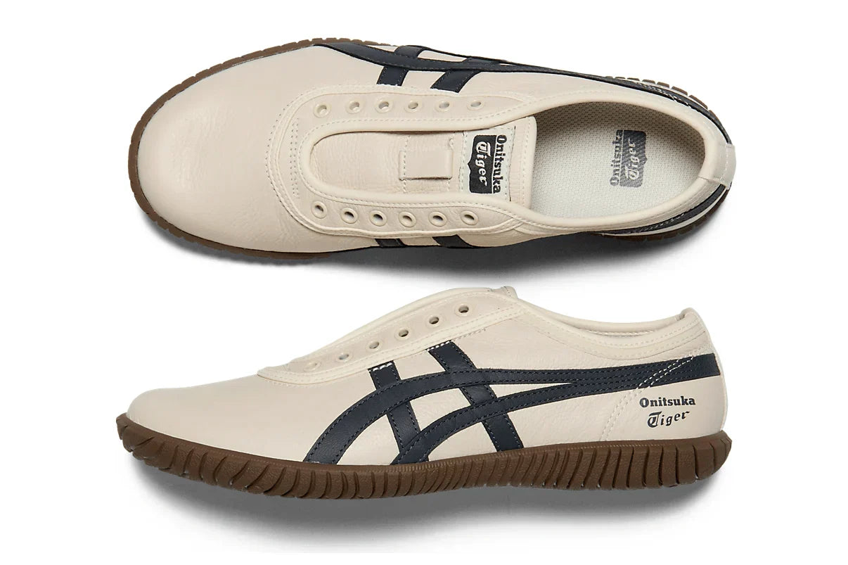 Tênis Onitsuka Tiger Tsunahiki Slip-On Birch/Indigo Navy Bege detalhe lateral