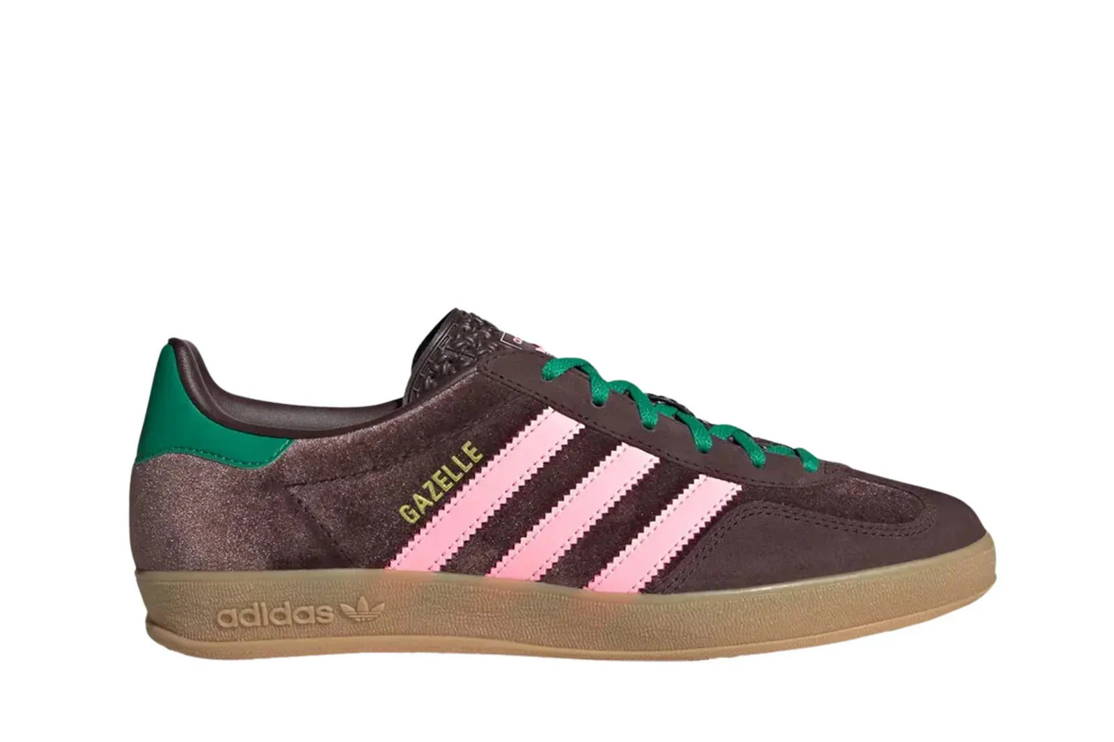 Tênis Adidas Gazelle Indoor Dark Brown Glow Pink Court Green Marrom vista superior