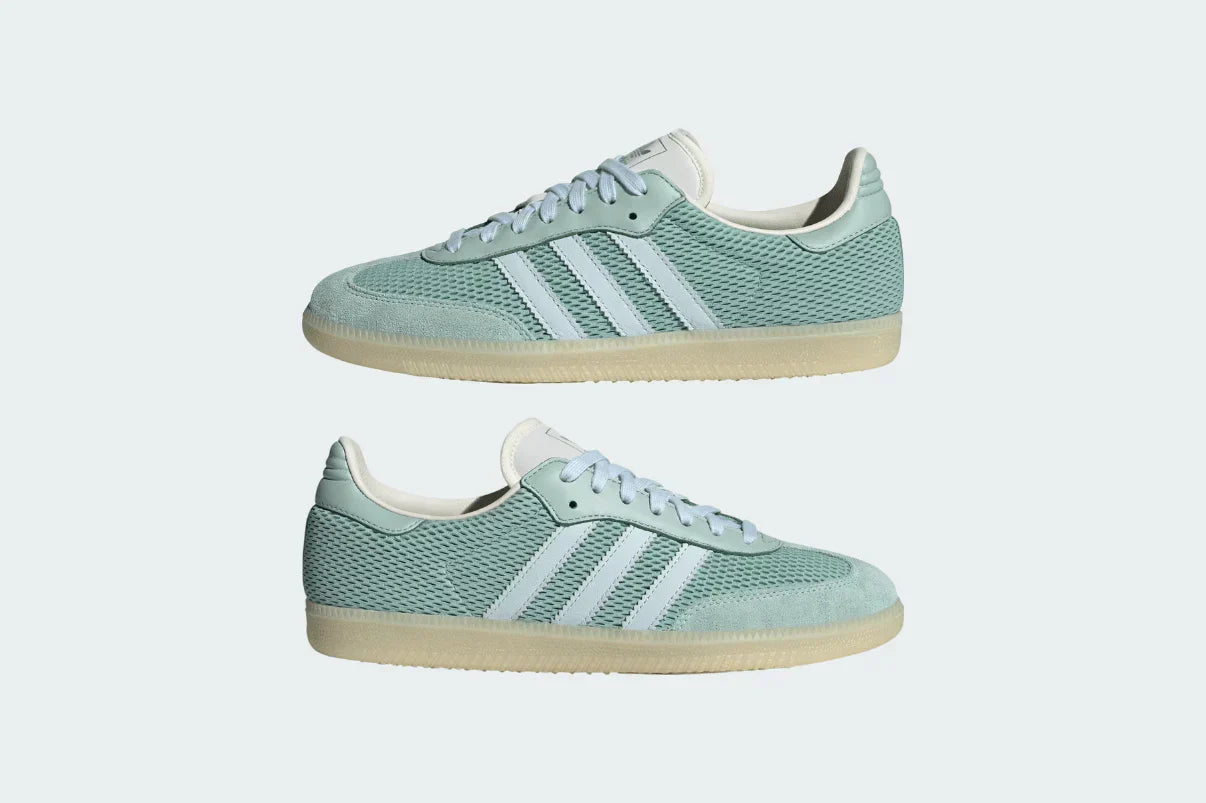 Tênis Adidas Samba OG Hazy Green Sky Tint Verde detalhe do material