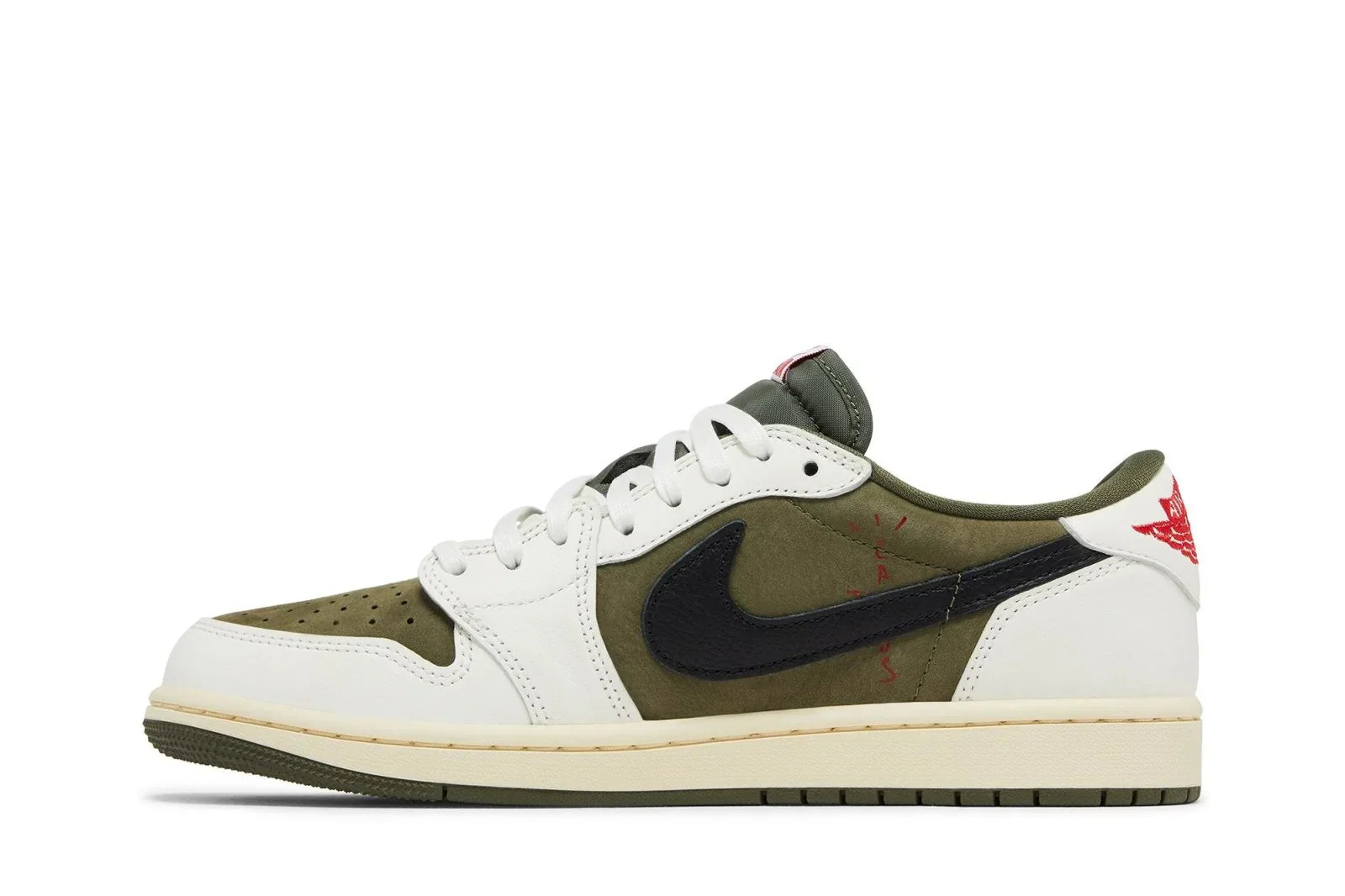 Tênis Air Jordan 1 Low Og Sp x Travis Scott Medium Olive Verde detalhe do solado