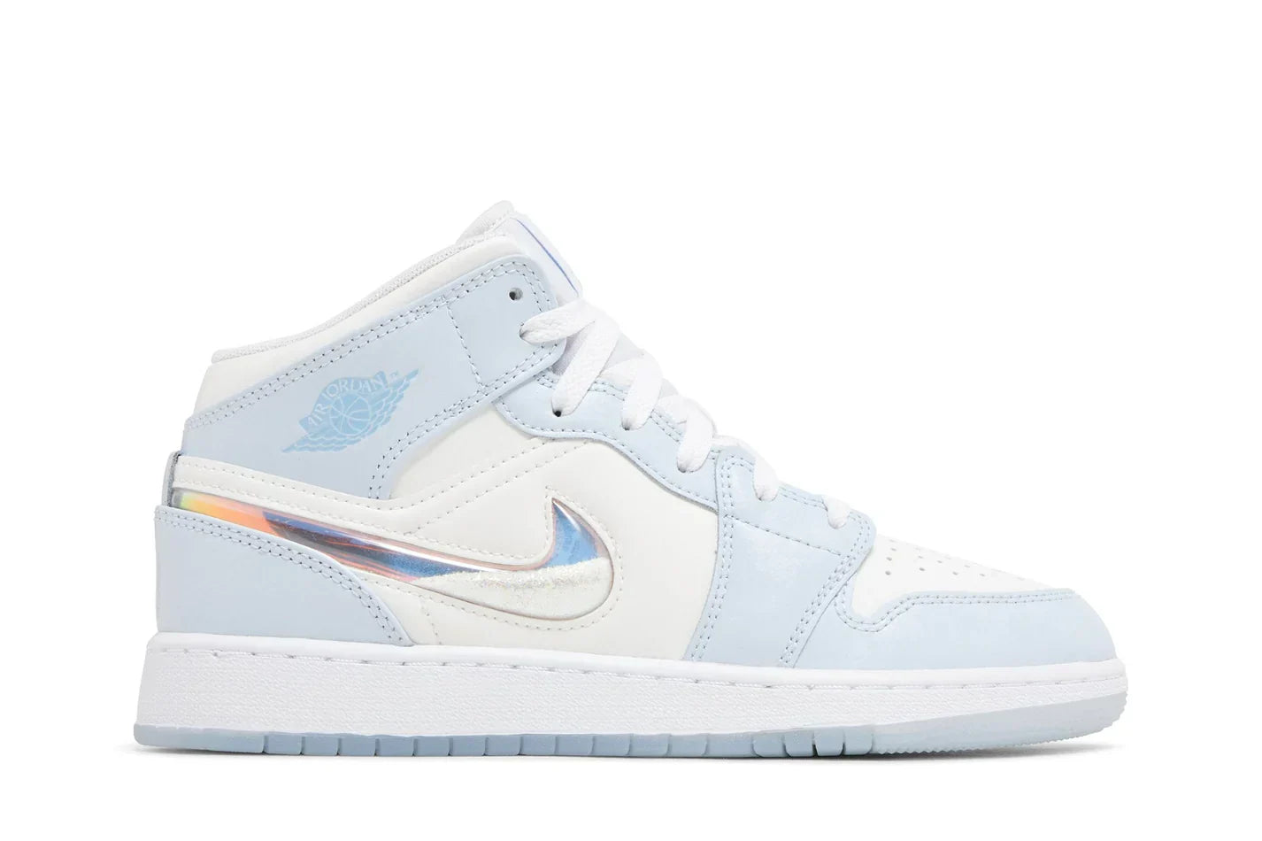 Tênis Air Jordan 1 Mid Glitter Swoosh Azul vista lateral