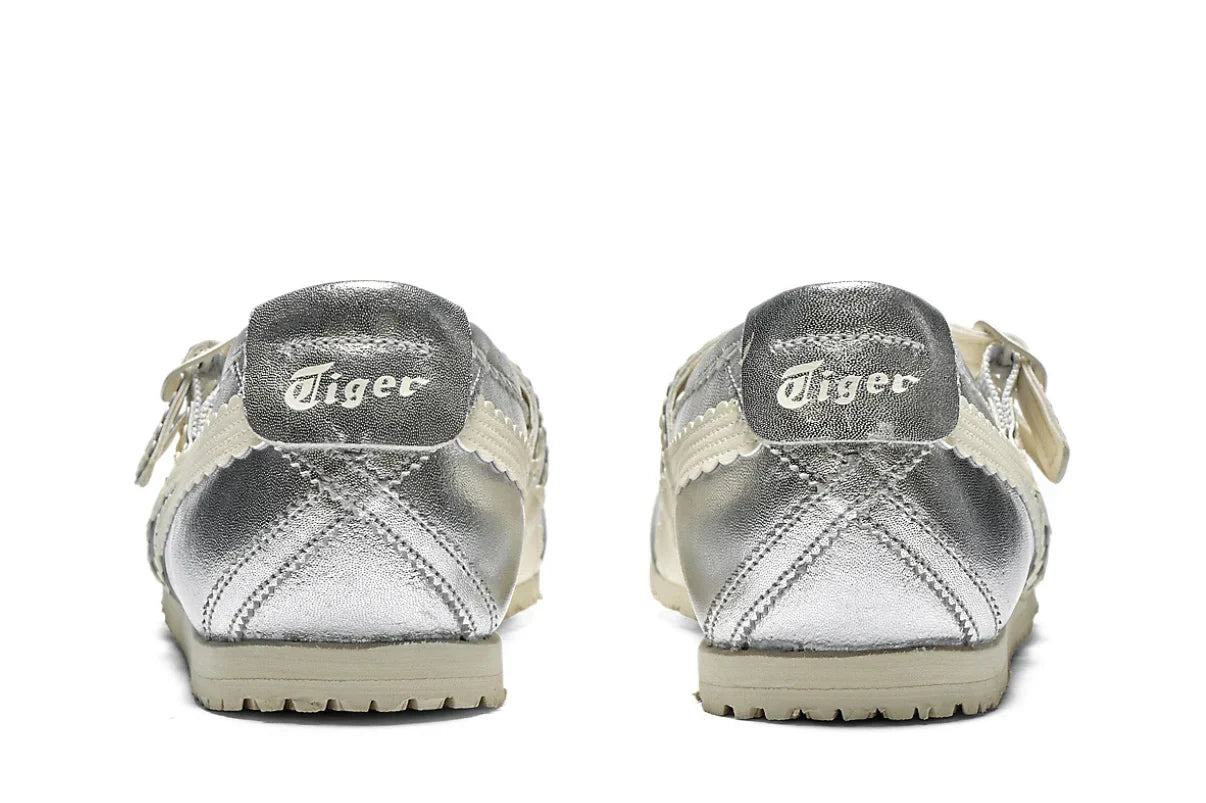 Tênis Onitsuka Tiger Mexico 66 TGRS Silver Cream Prateado detalhe lateral