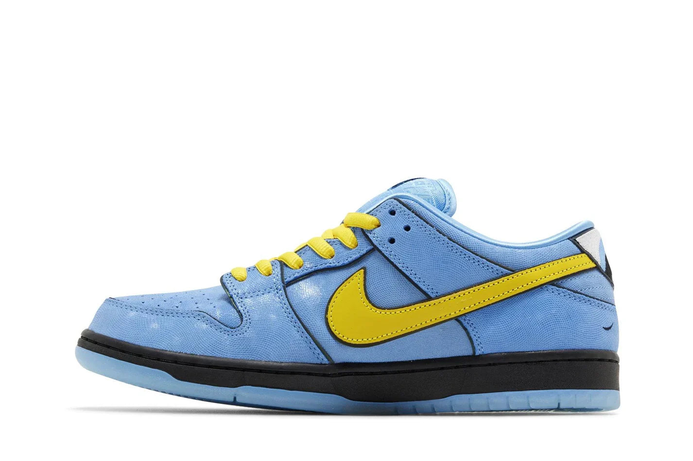Tênis The Powerpuff Girls x Nike SB Dunk Low Bubbles Azul detalhe do material