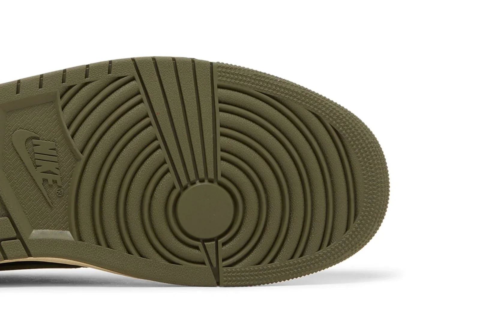 Tênis Travis Scott x Nike Air Jordan 1 Retro Low OG SP Olive Branco detalhe do solado