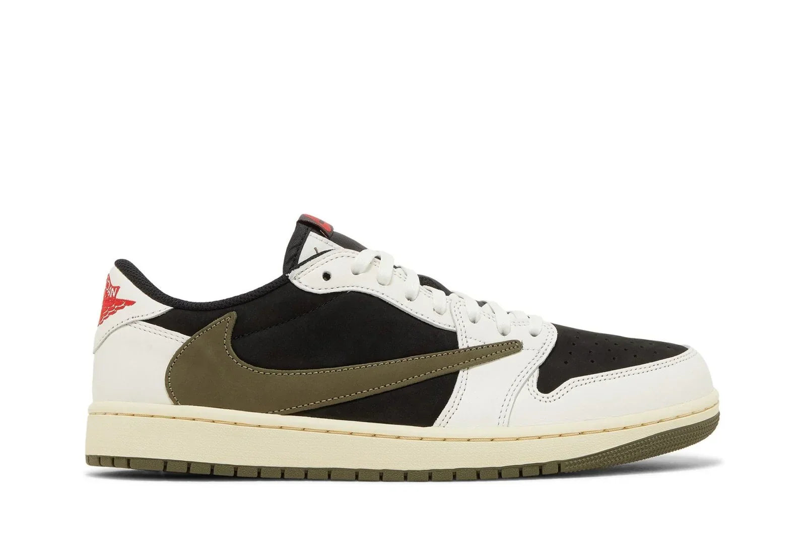 Tênis Travis Scott x Nike Air Jordan 1 Retro Low OG SP Olive Branco vista lateral