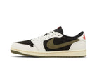 Tênis Travis Scott x Nike Air Jordan 1 Retro Low OG SP Olive Branco detalhe frontal