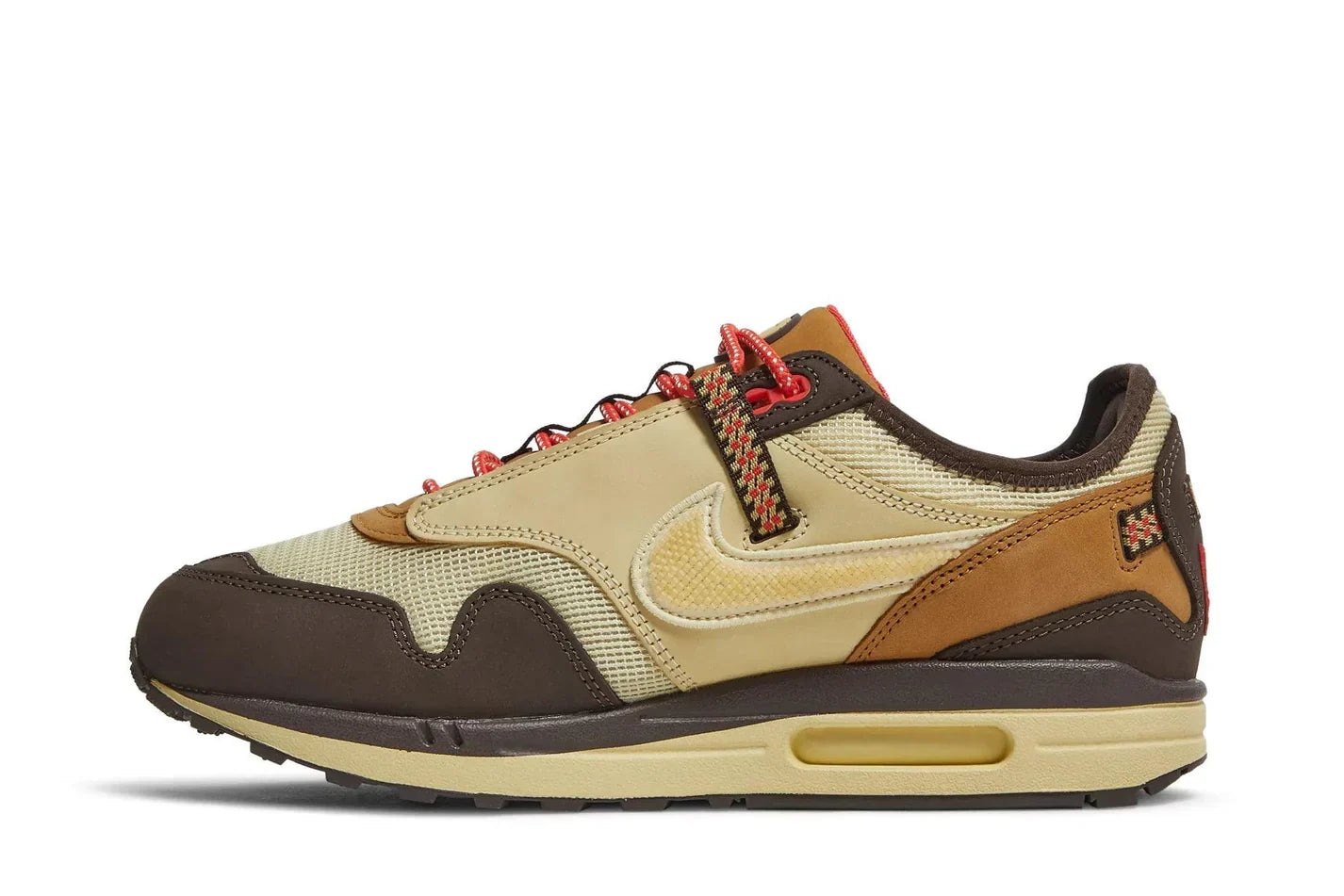 Tênis Travis Scott x Nike Air Max 1 Cactus Brown Marrom detalhe lateral