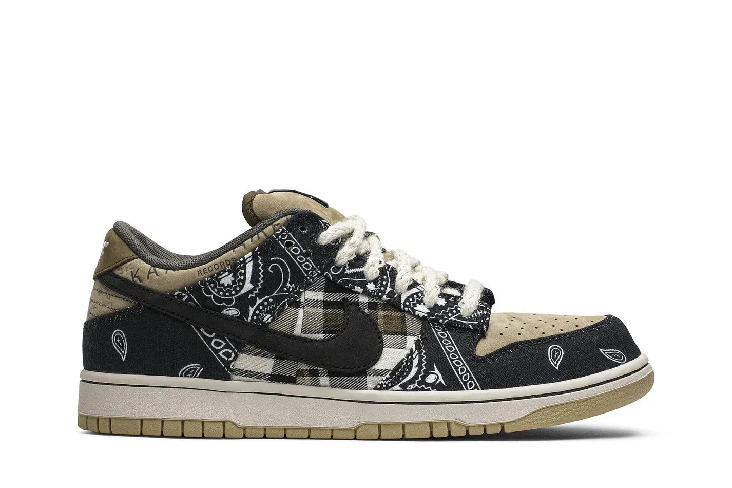 Tênis Travis Scott x Nike Dunk Low Cactus Jack Preto detalhe lateral